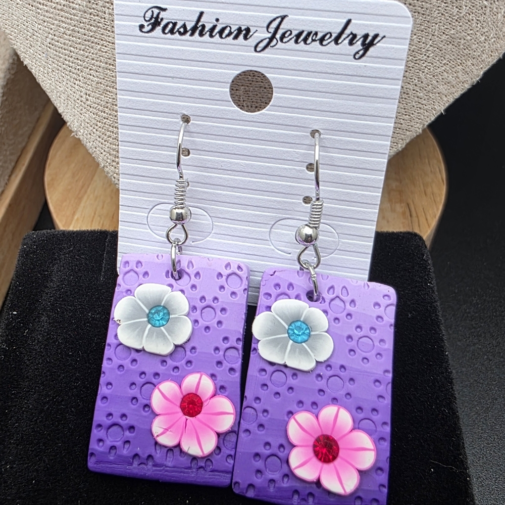 (3 FOR $12) Purple Floral Dangle Earrings (1405)